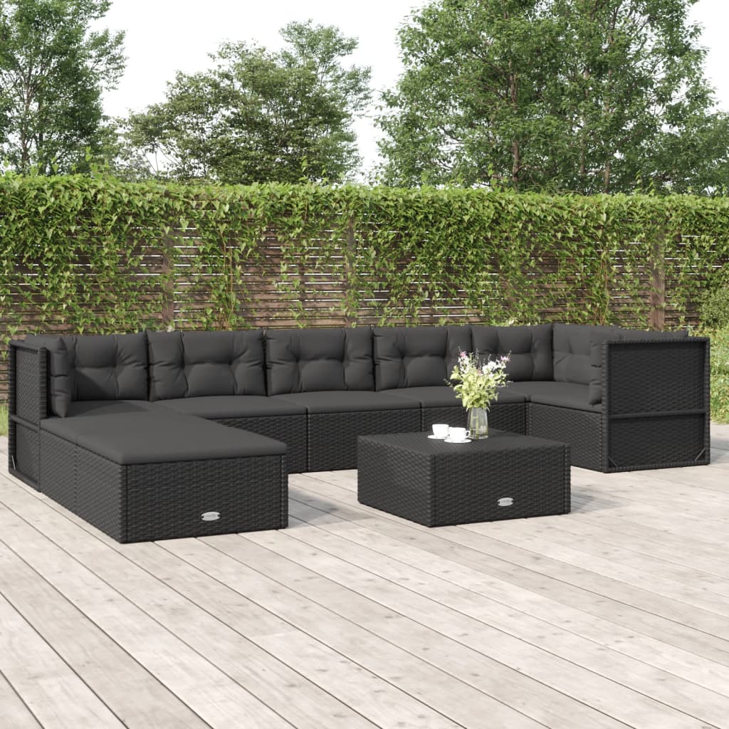 Salon de jardin 8 pcs avec coussins noir résine tressée