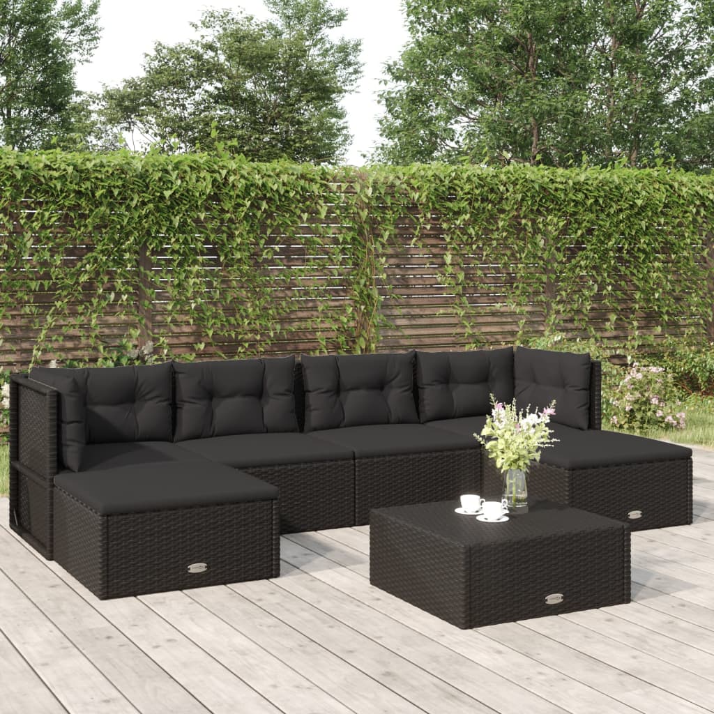 Salon de jardin 6 pcs avec coussins Noir Résine tressée
