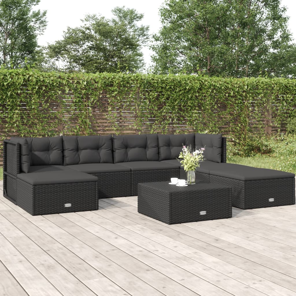 Salon de jardin 7 pcs avec coussins Noir Résine tressée