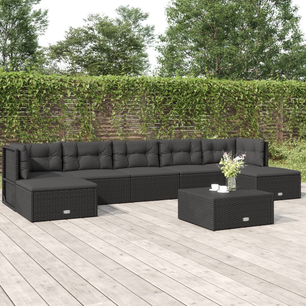 Salon de jardin 7 pcs avec coussins Noir Résine tressée