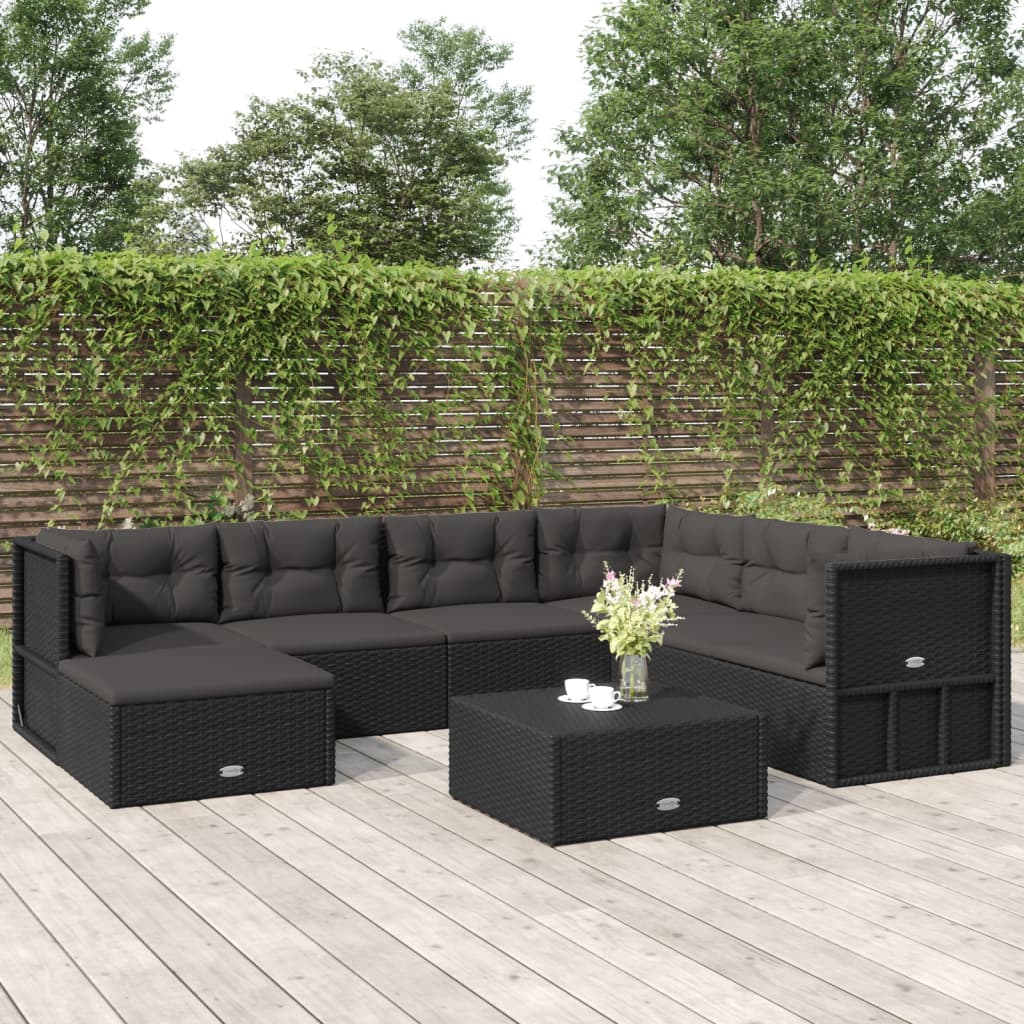 Salon de jardin 7 pcs avec coussins Noir Résine tressée