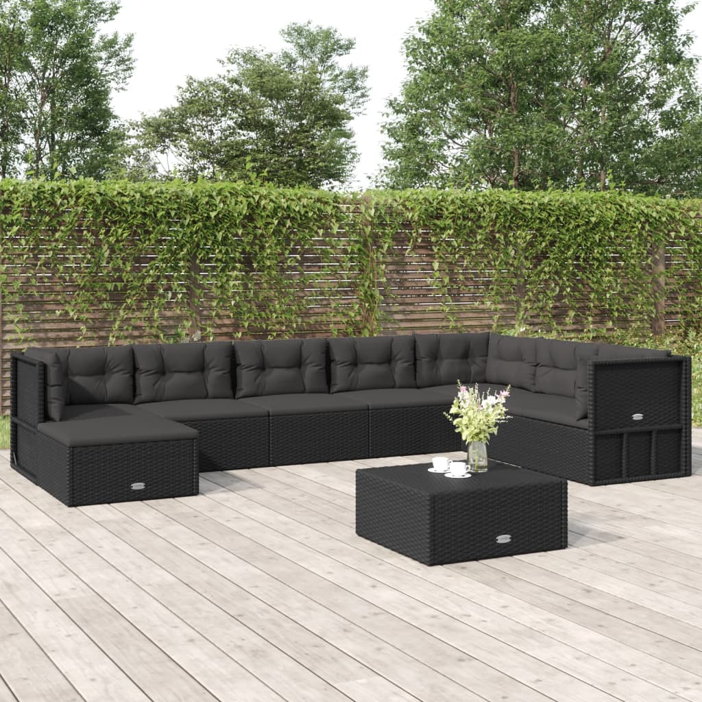 Salon de jardin 8 pcs avec coussins noir résine tressée