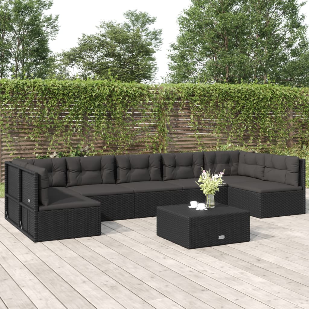 Salon de jardin 7 pcs avec coussins Noir Résine tressée