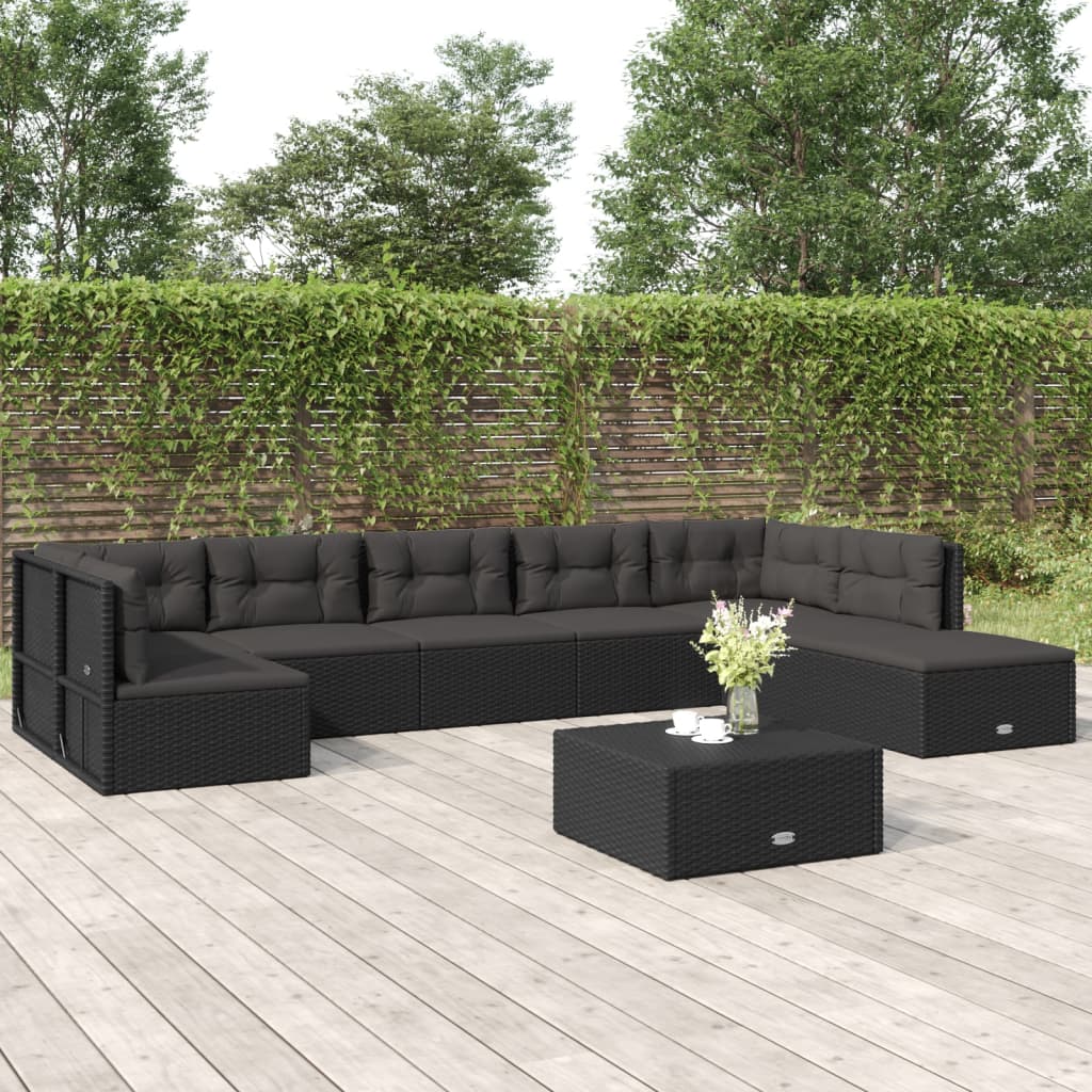 Salon de jardin 8 pcs avec coussins noir résine tressée