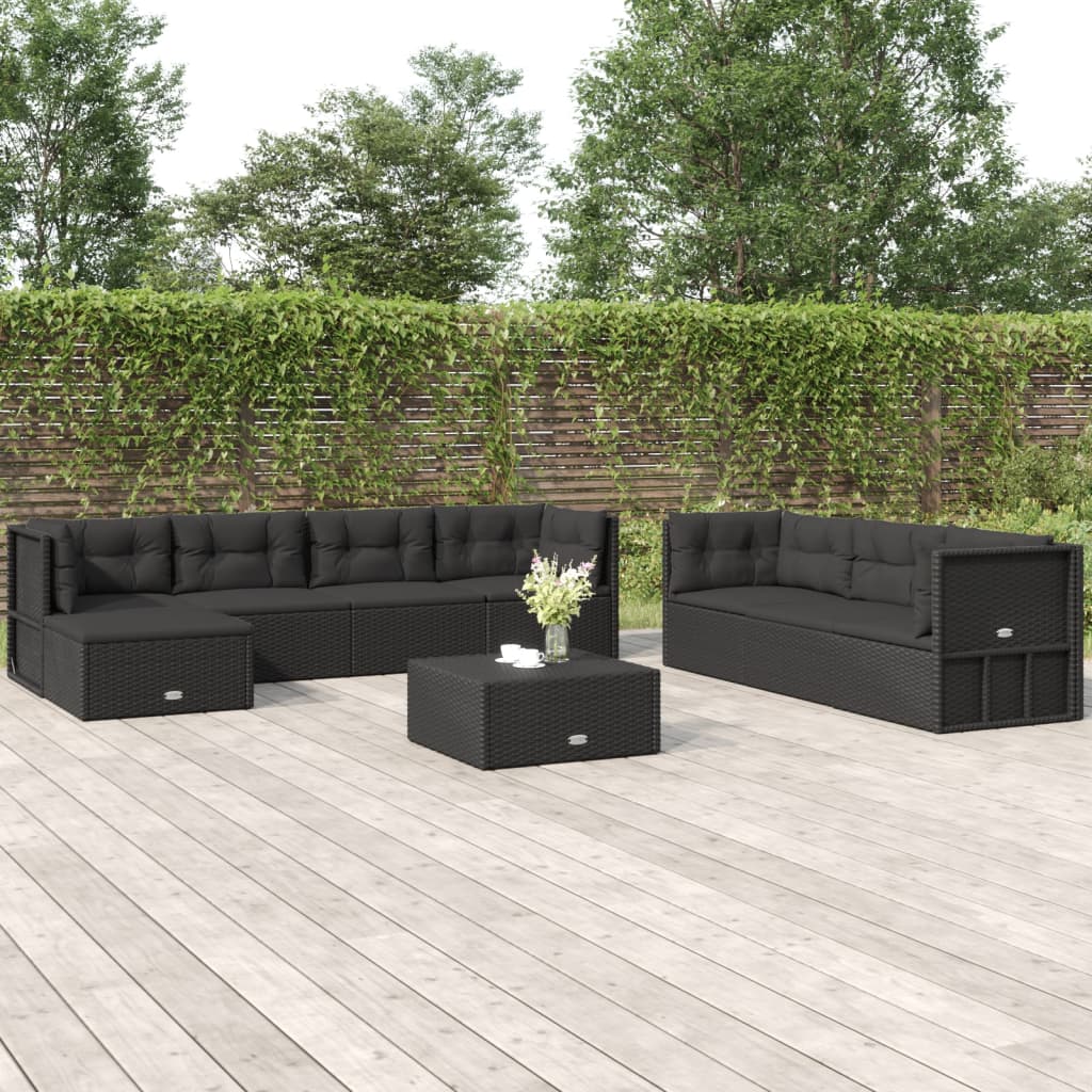 Salon de jardin 8 pcs avec coussins noir résine tressée