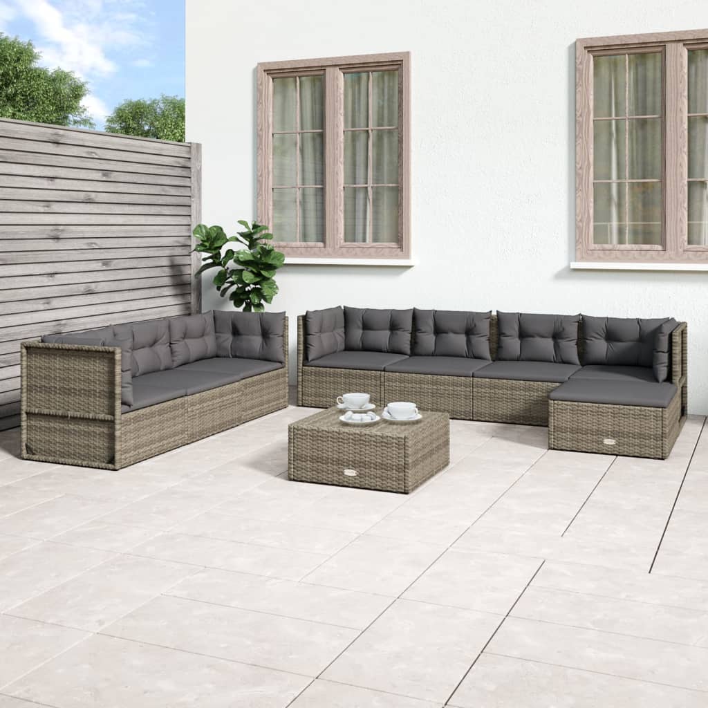 Salon de jardin 8 pcs avec coussins Gris Résine tressée