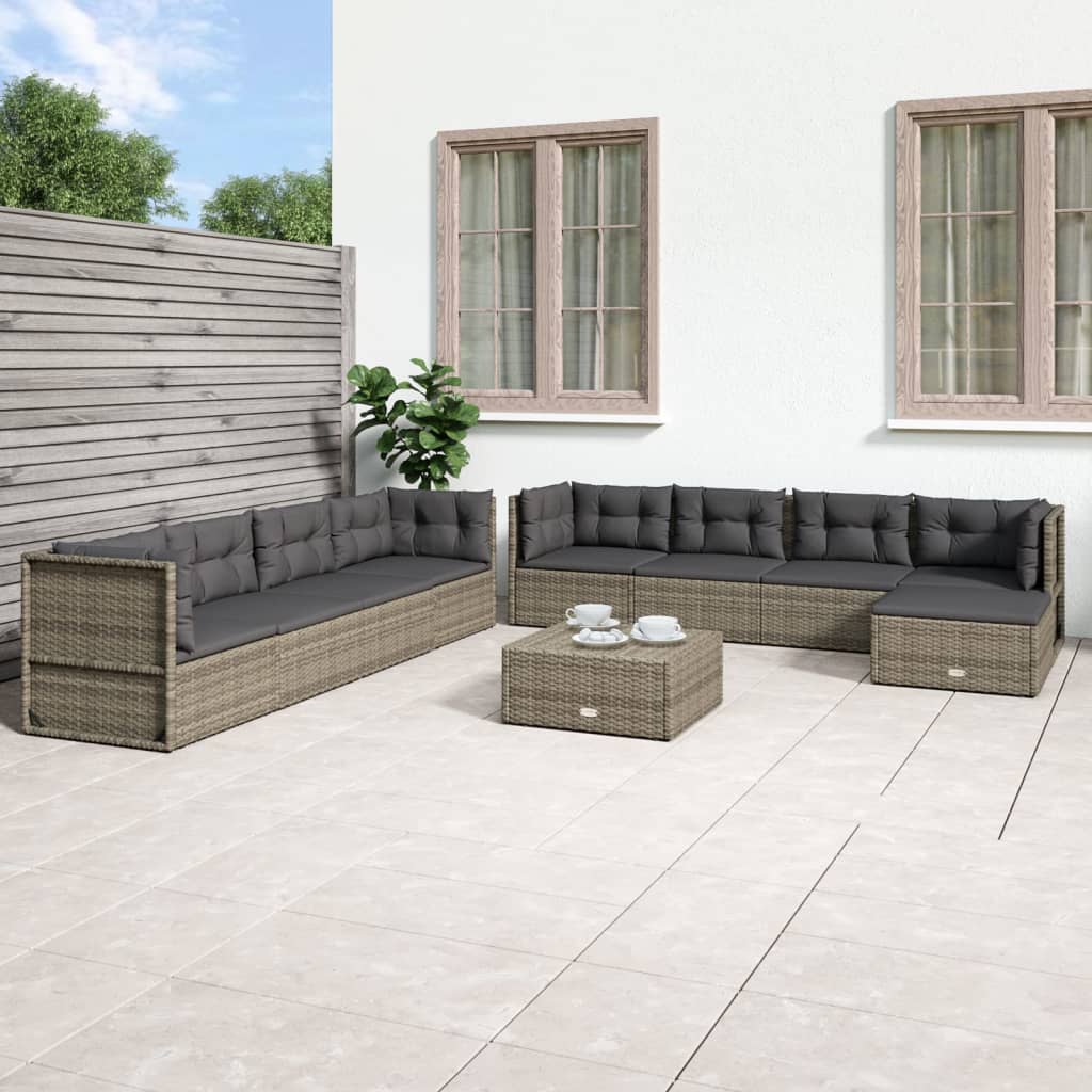 Salon de jardin 9 pcs avec coussins Gris Résine tressée