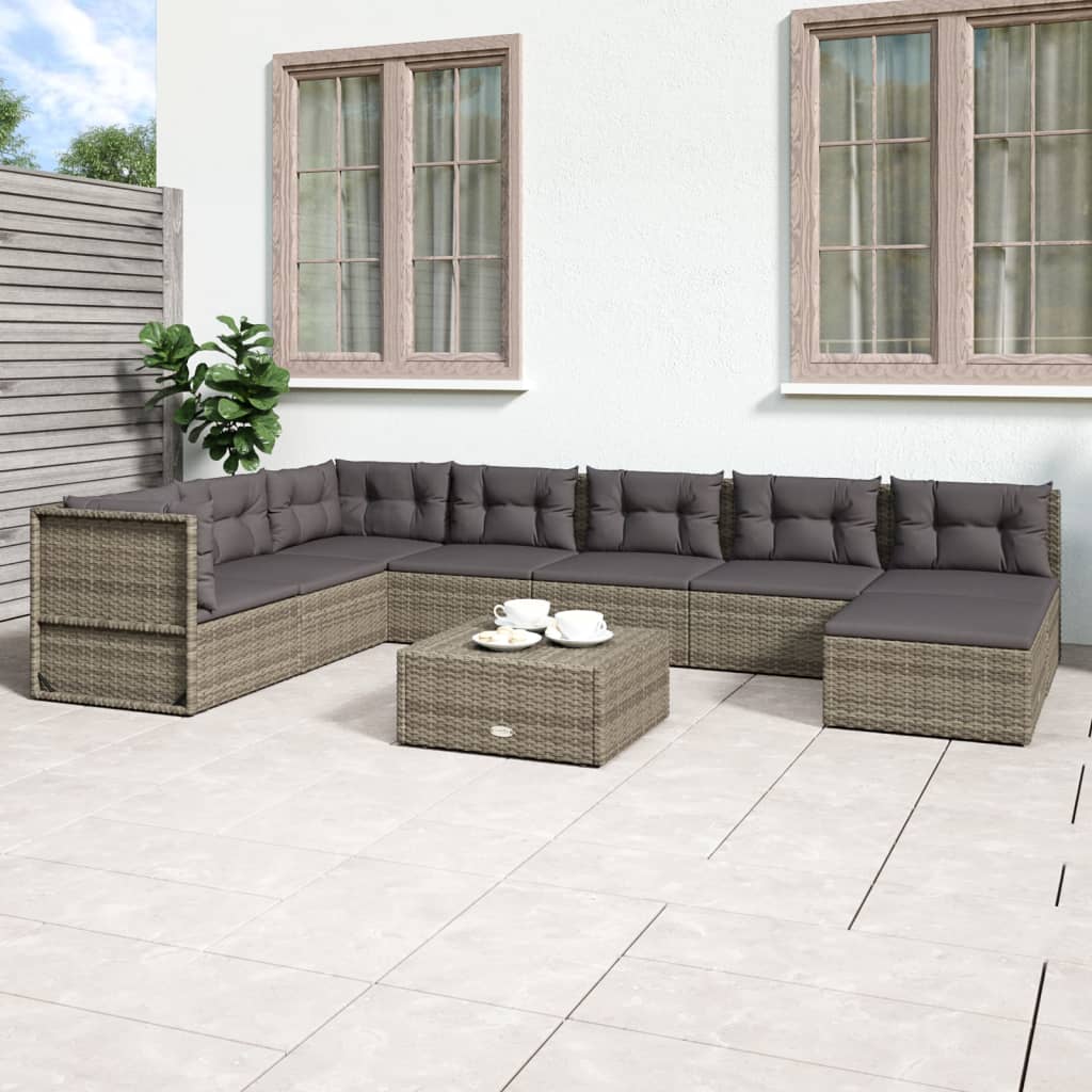 Salon de jardin 8 pcs avec coussins Gris Résine tressée