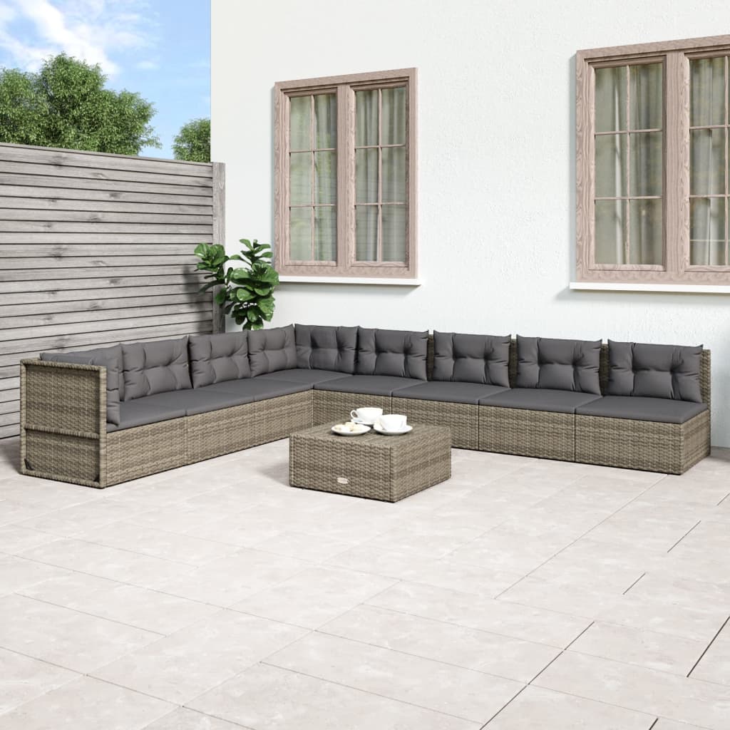 vida XL 8-tlg. Garten-Lounge-Set mit Kissen Grau Poly Rattan