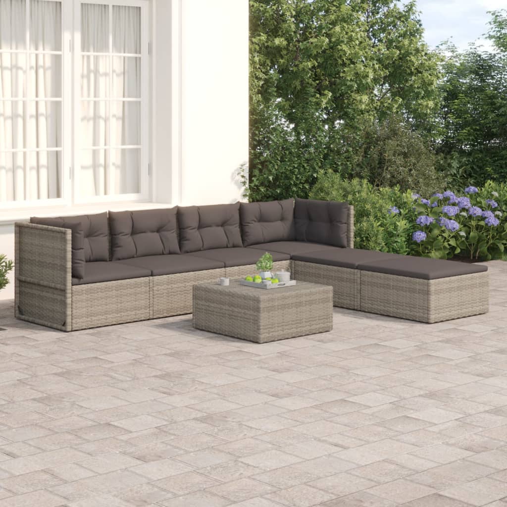 Salon de jardin 6 pcs avec coussins Gris Résine tressée