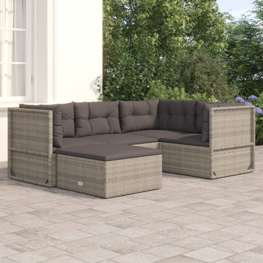 vidaXL Salon de jardin 5 pcs avec coussins Gris Résine tressée