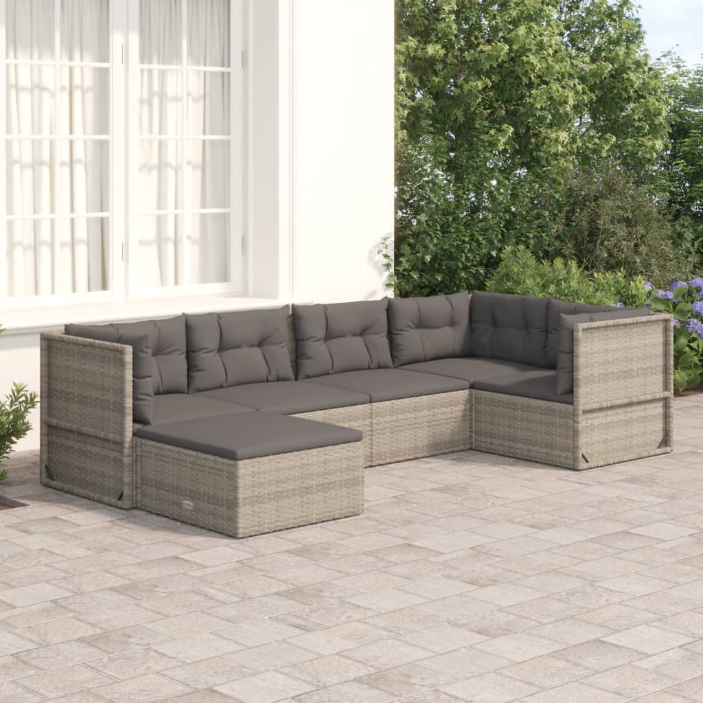 Salon de jardin 6 pcs avec coussins Gris Résine tressée