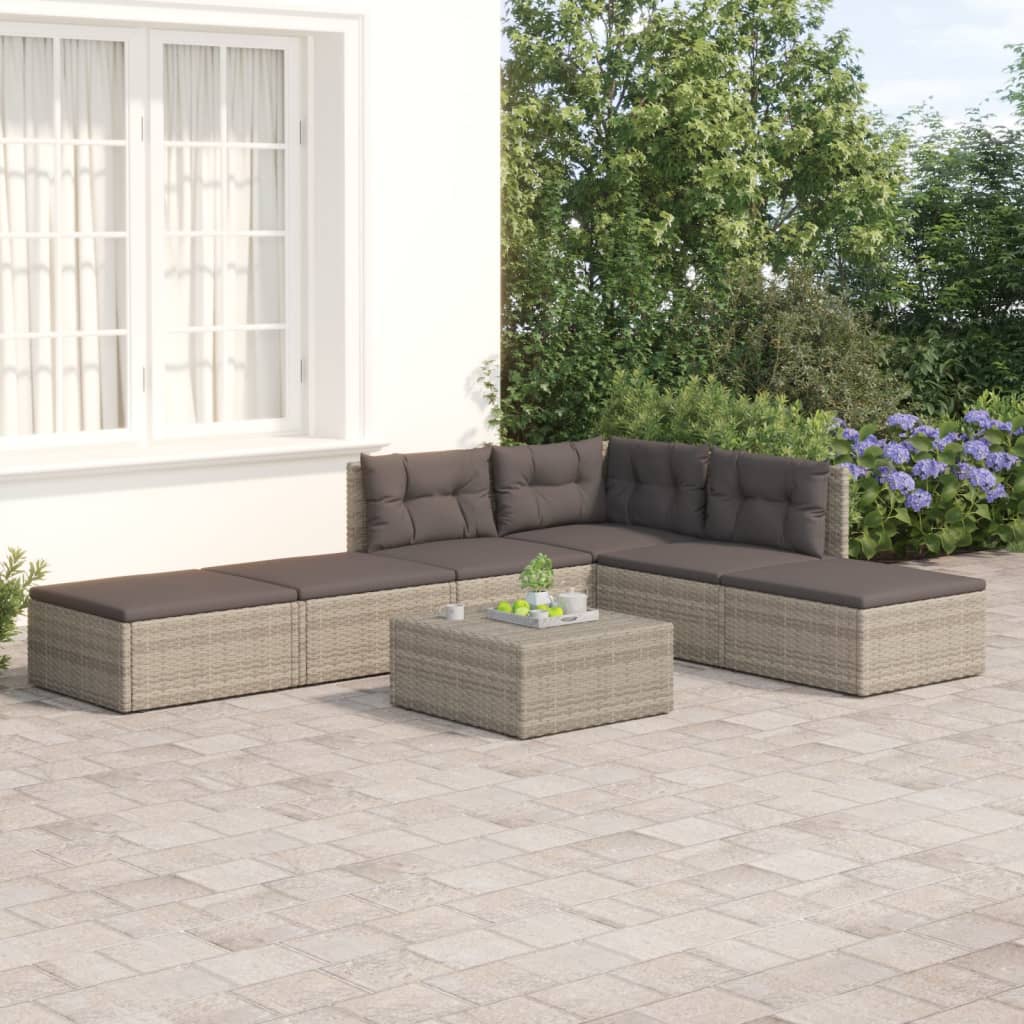 Salon de jardin 6 pcs avec coussins Gris Résine tressée