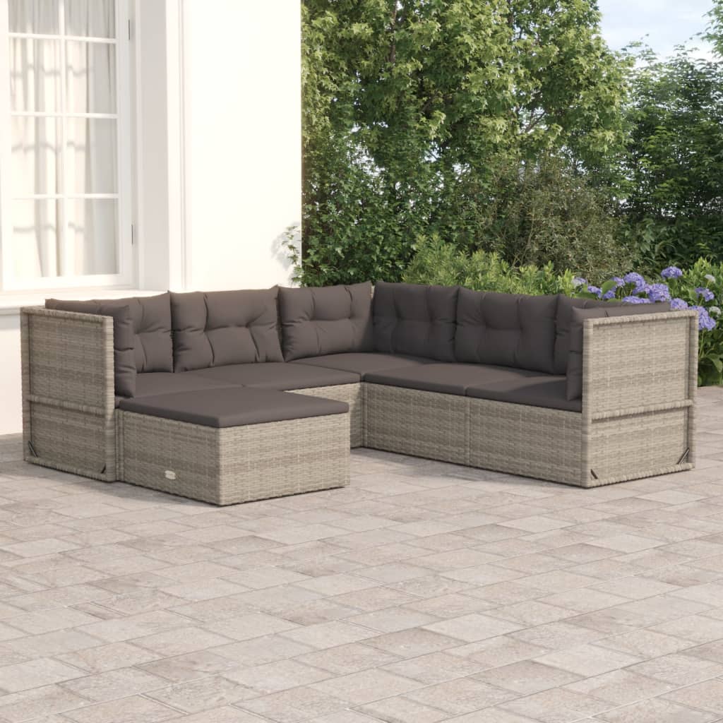 Salon de jardin 6 pcs avec coussins Gris Résine tressée