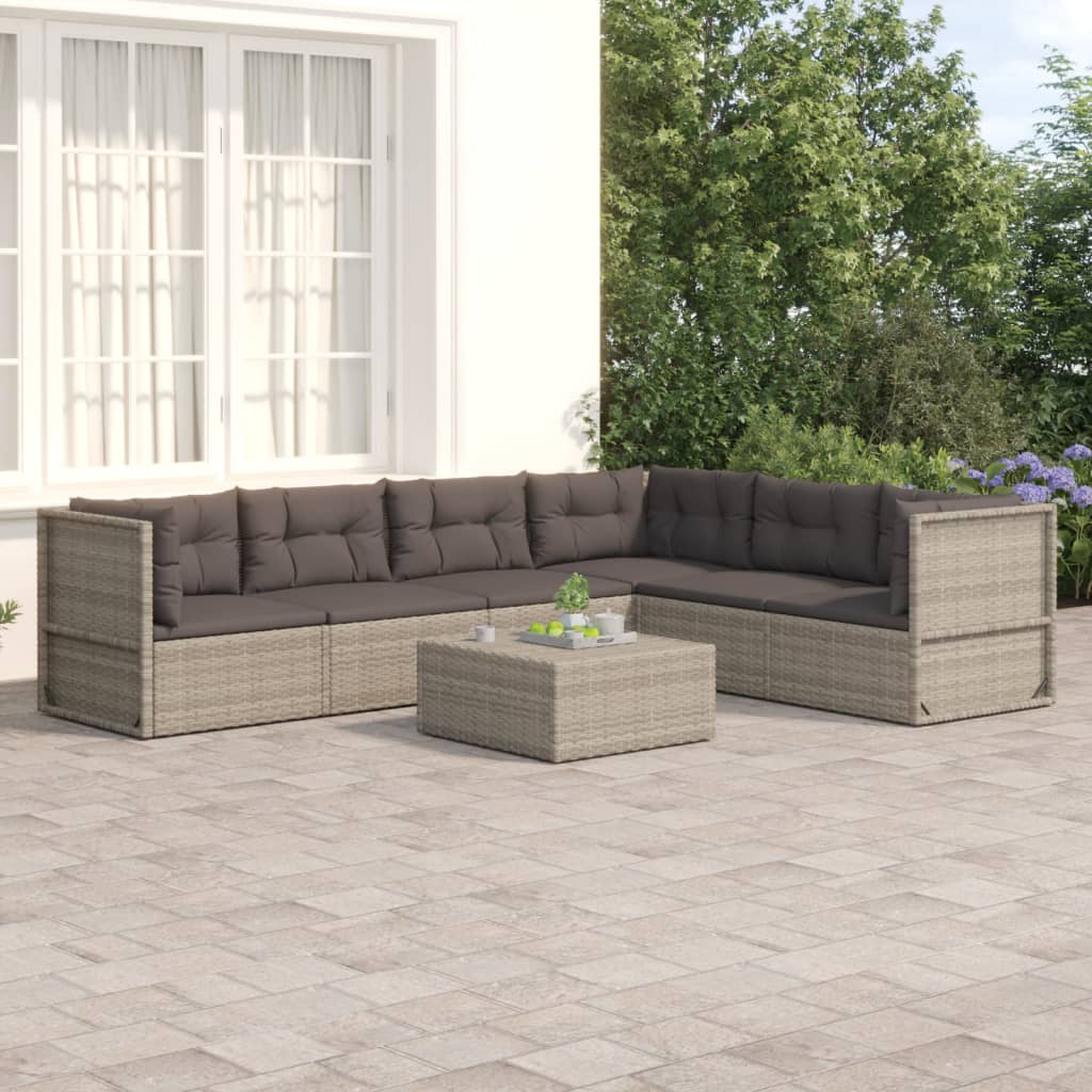 Salon de jardin 6 pcs avec coussins Gris Résine tressée