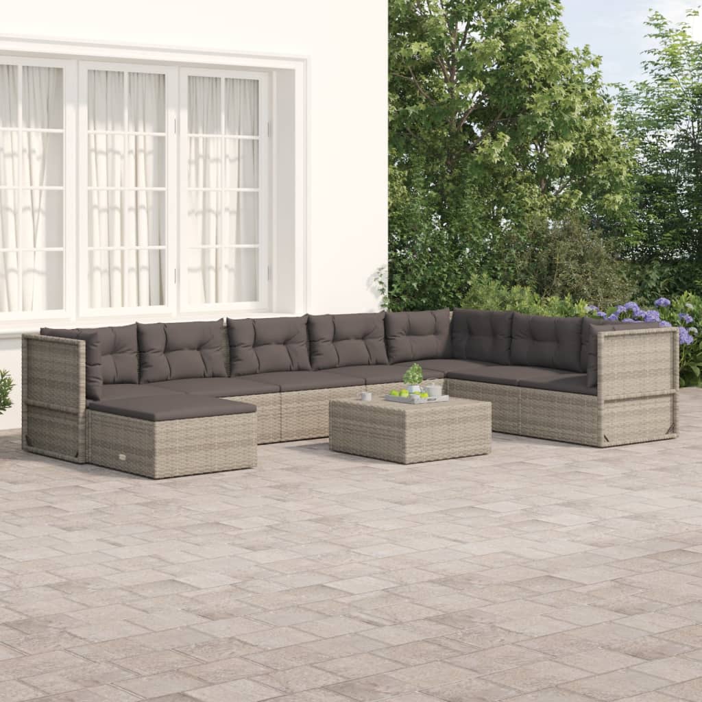 Salon de jardin 8 pcs avec coussins Gris Résine tressée