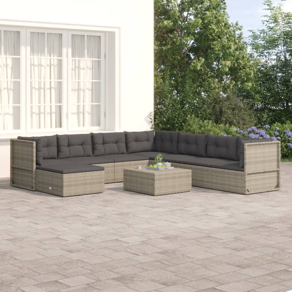 Salon de jardin 8 pcs avec coussins Gris Résine tressée