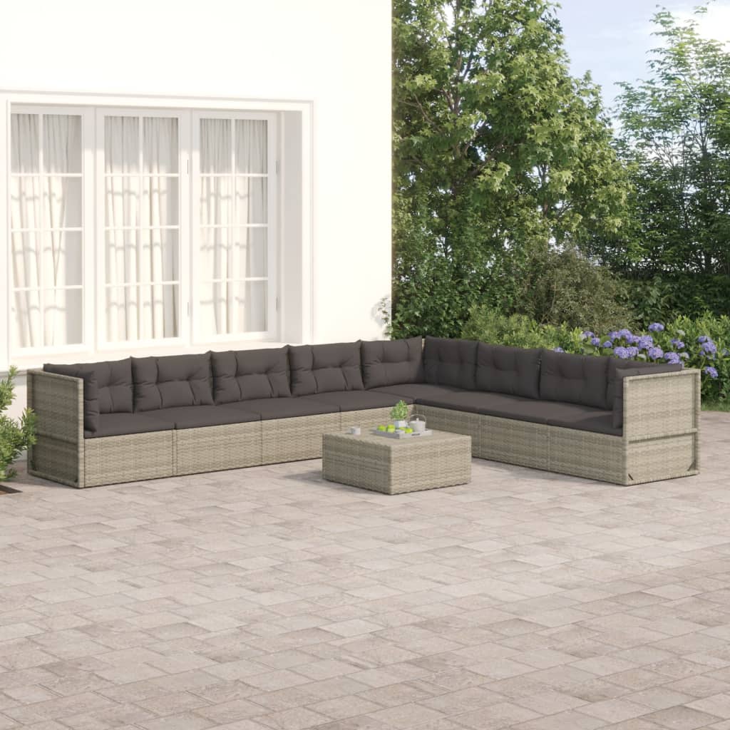 Salon de jardin 8 pcs avec coussins Gris Résine tressée