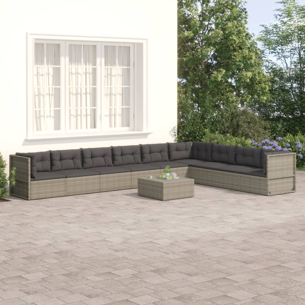Salon de jardin 9 pcs avec coussins Gris Résine tressée