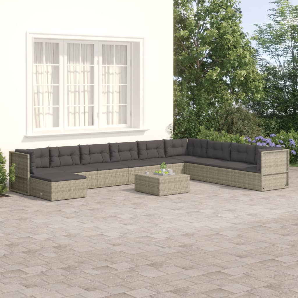 Salon de jardin 10 pcs avec coussins Gris Résine tressée