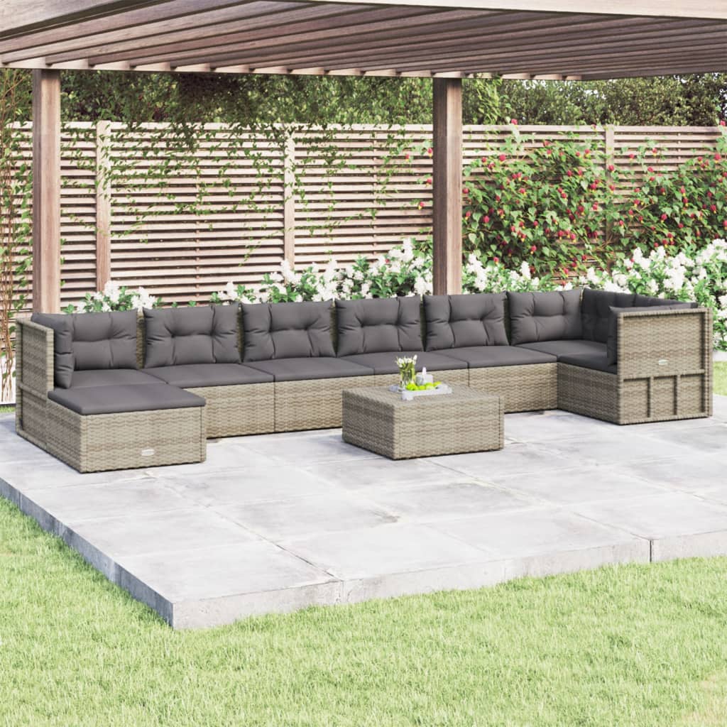 Salon de jardin 8 pcs avec coussins Gris Résine tressée