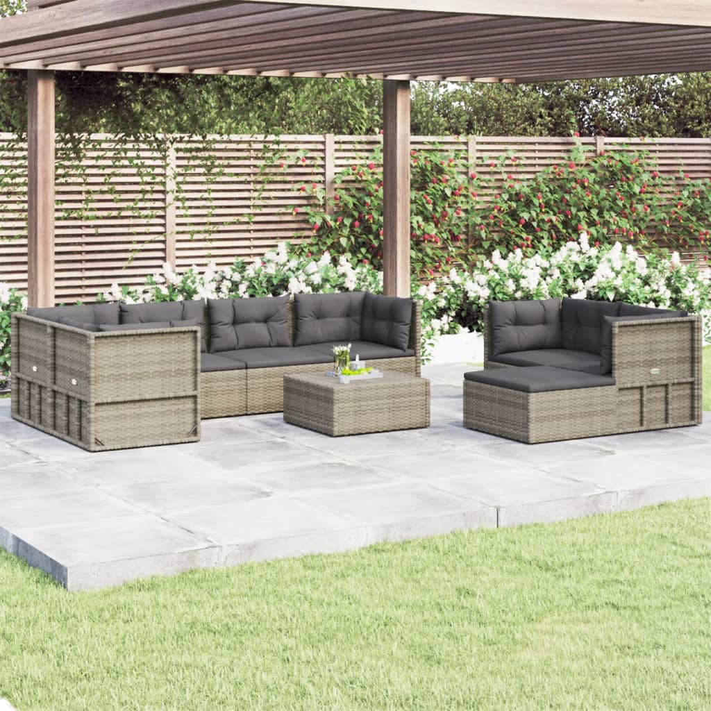 vida XL 8-tlg. Garten-Lounge-Set mit Kissen Grau Poly Rattan