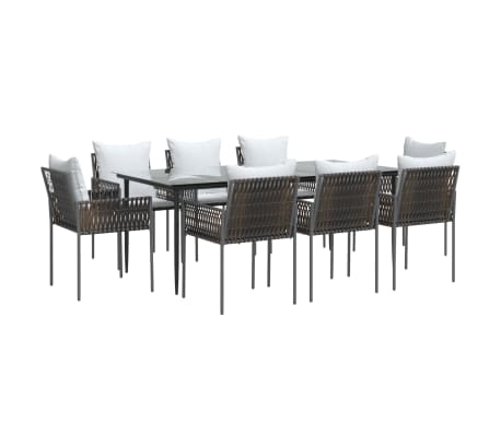 vidaXL Ensemble &agrave; manger de jardin 9 pcs coussins r&eacute;sine tress&eacute;e acier