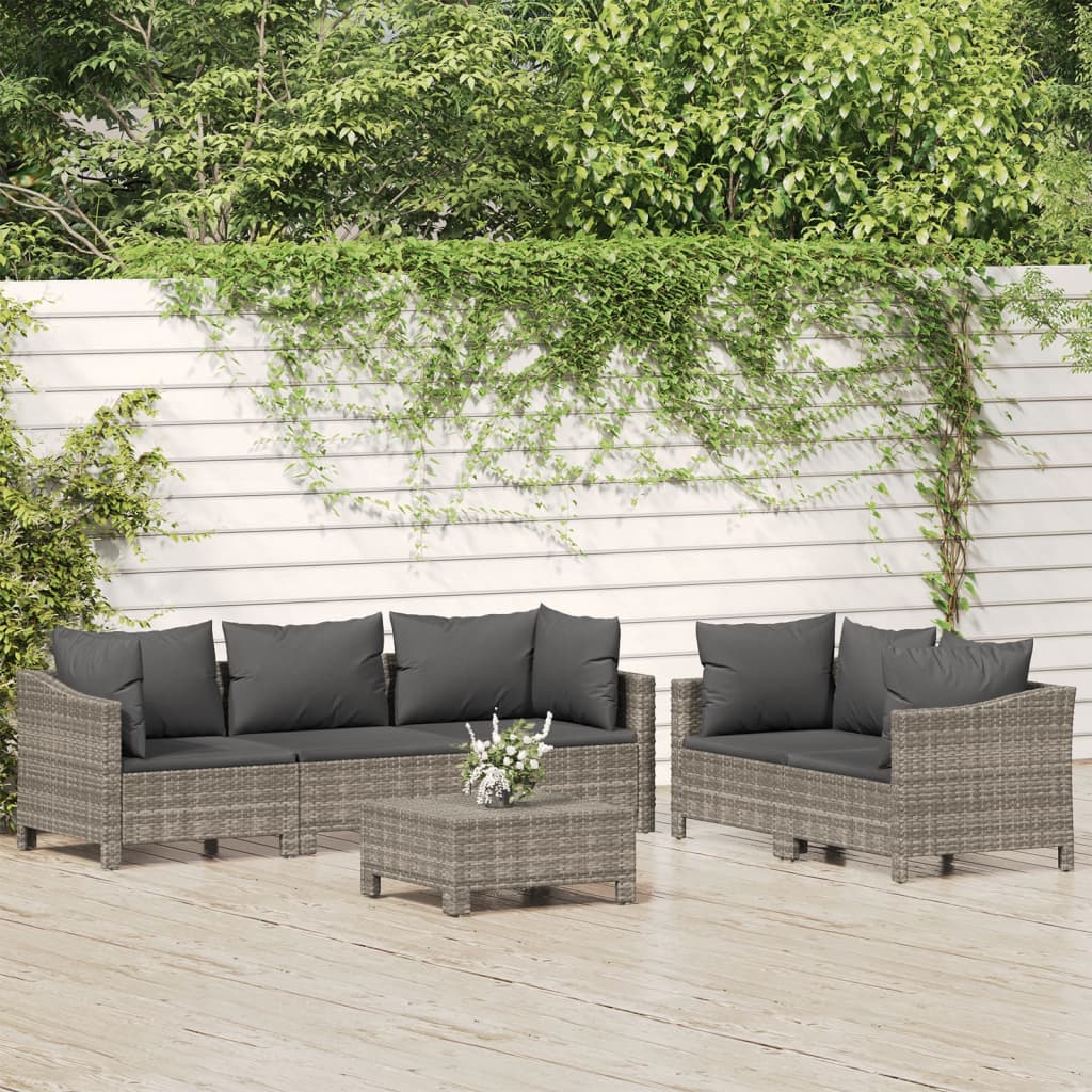 vida XL 6-tlg. Garten-Lounge-Set mit Kissen Grau Poly Rattan