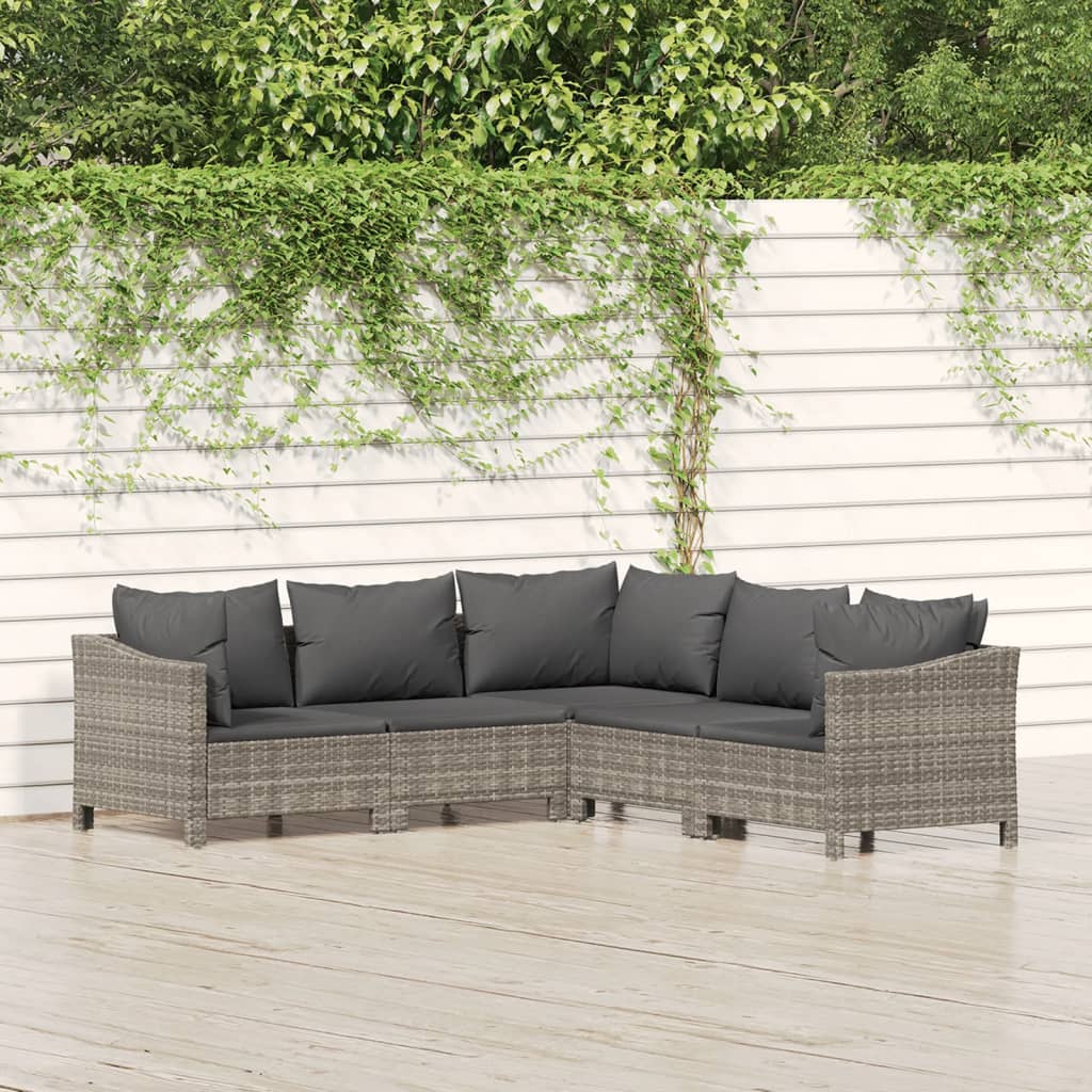 vidaXL 5-tlg. Garten-Lounge-Set mit Kissen Grau Poly Rattan