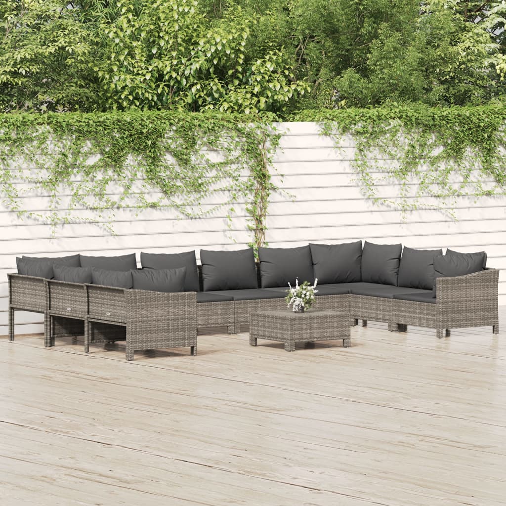 vidaXL 11-tlg. Garten-Lounge-Set mit Kissen Grau Poly Rattan