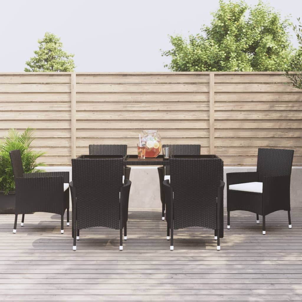 7-tlg. Garten-Essgruppe mit Kissen Schwarz Poly Rattan