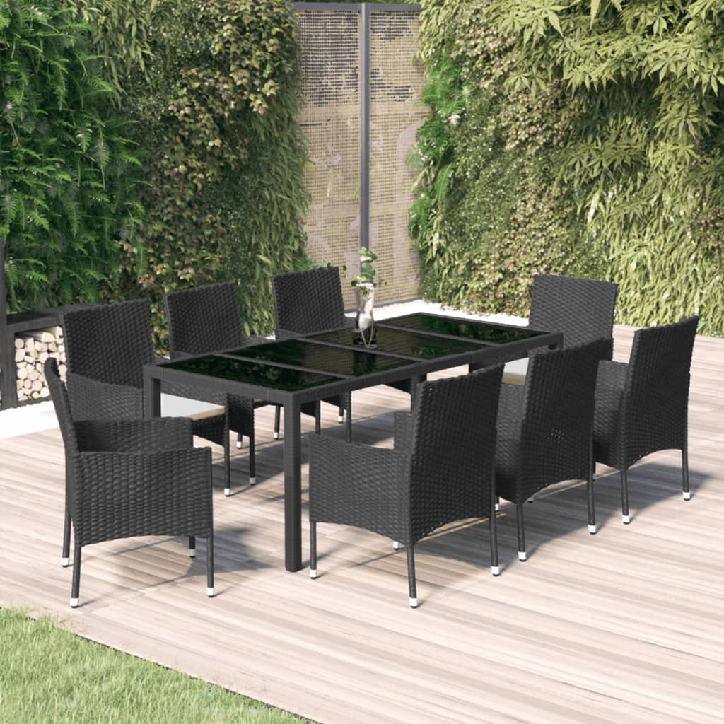 Stolik ogrodowy czarny 190x90x75 cm + 8 krzeseł czarnych 61x60x88 cm + 8 poduszek kremowych 4 cm