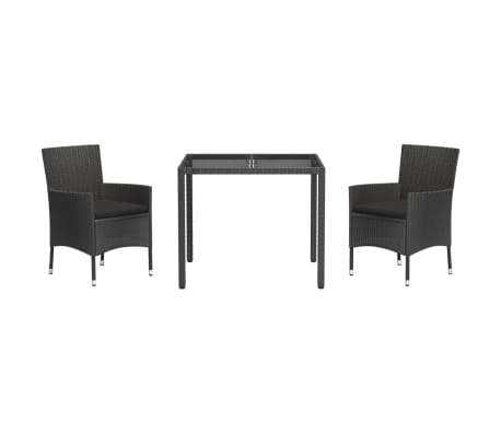 vidaXL Set comedor de jard&iacute;n 3 pzas con cojines rat&aacute;n sint&eacute;tico negro
