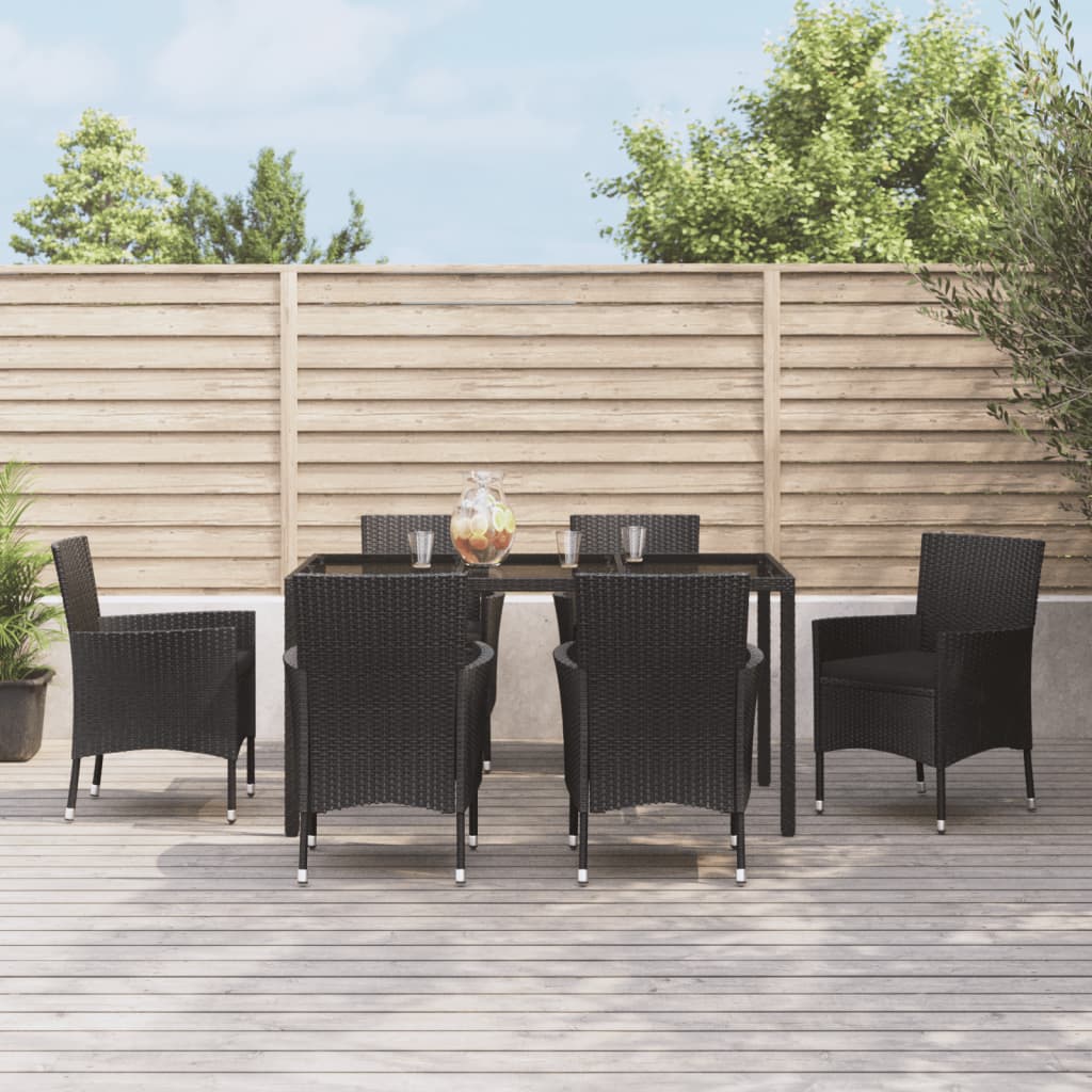 vida XL 7-tlg. Garten-Essgruppe mit Kissen Schwarz Poly Rattan