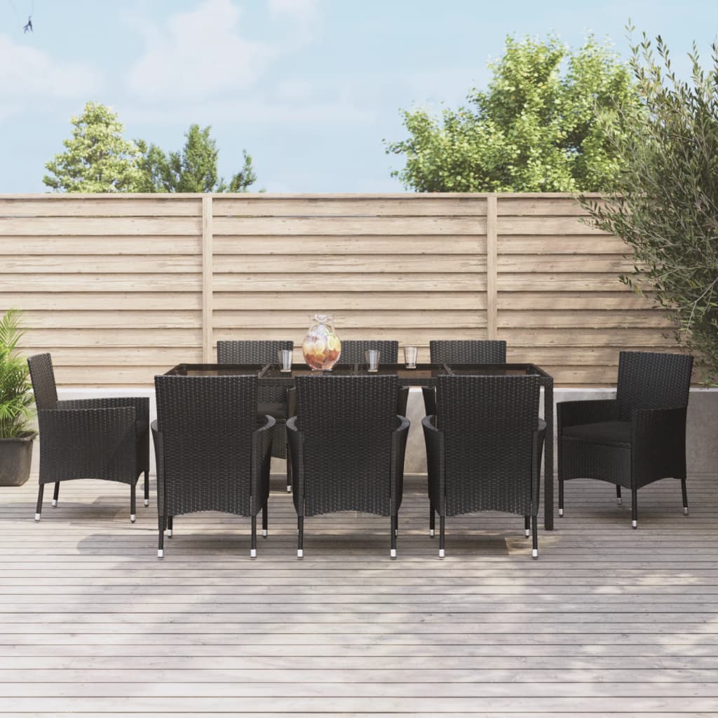 vidaXL 9-tlg. Garten-Essgruppe mit Kissen Schwarz Poly Rattan