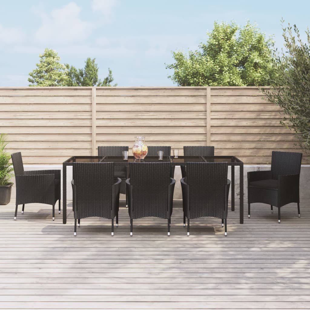 vidaXL 9-tlg. Garten-Essgruppe mit Kissen Schwarz Poly Rattan