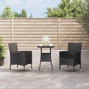 3dílný zahradní bistro set s poduškami černý polyratan - obrázek 1