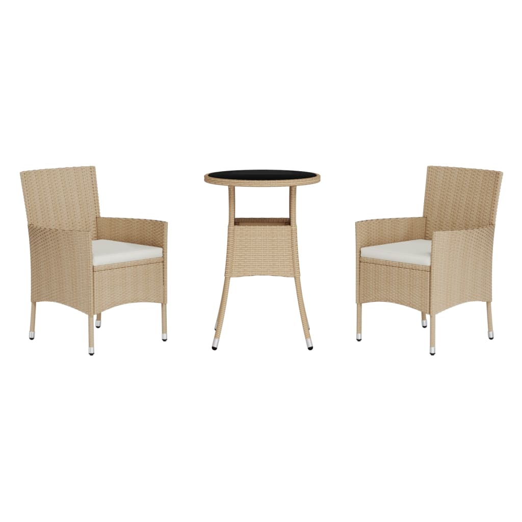 vidaXL 3-delige Bistroset met kussens poly rattan beige afbeelding