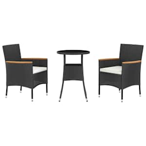 3dílný zahradní bistro set s poduškami černý polyratan - obrázek 2