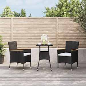 3dílný zahradní bistro set s poduškami černý polyratan - obrázek 1