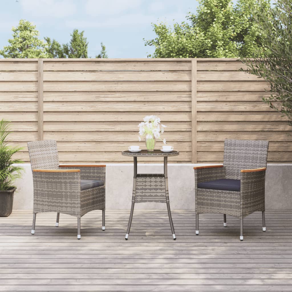 vidaXL 3-tlg. Garten-Bistro-Set mit Kissen Grau Poly Rattan