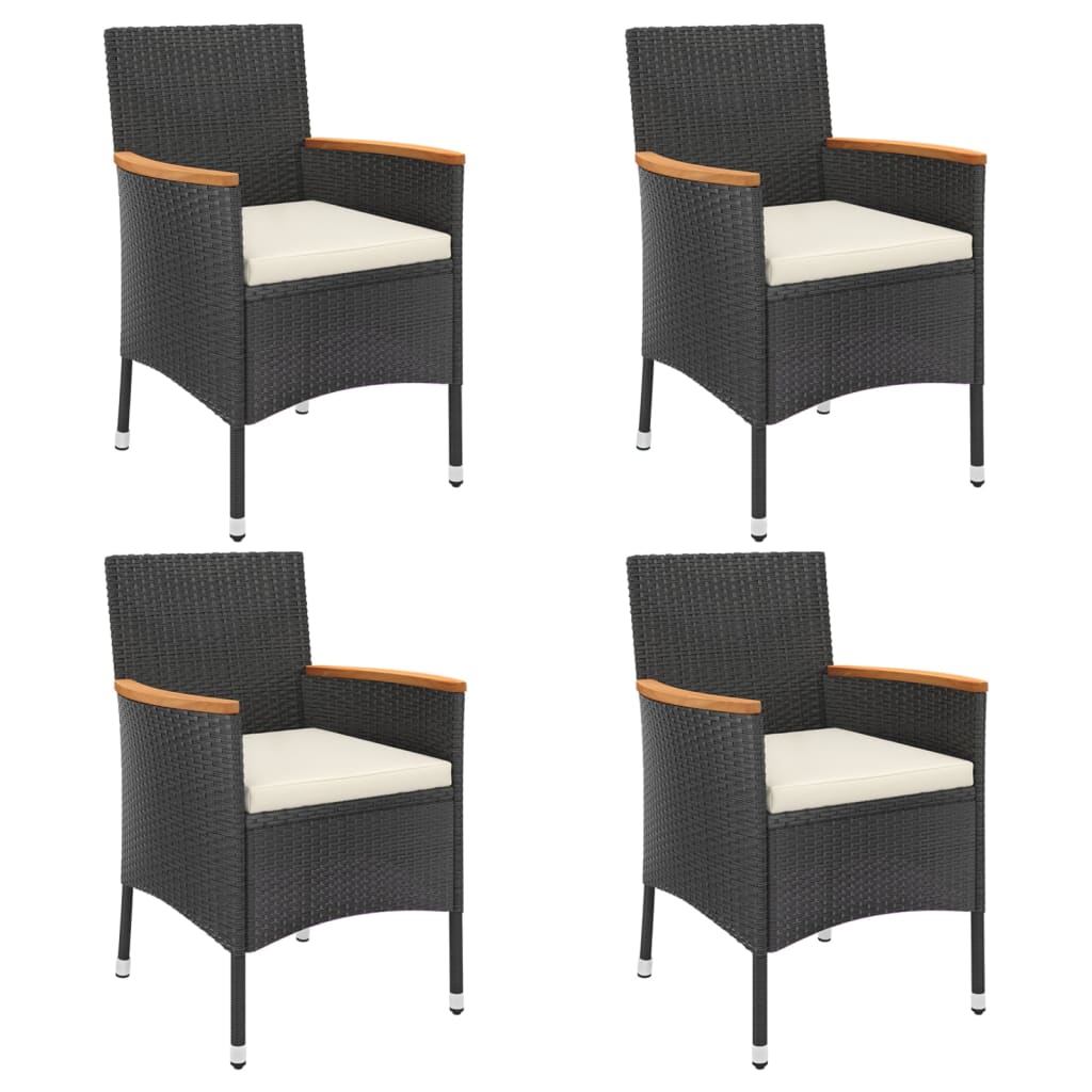 Meble bistro ogrodowe z rattanu PE, czarne, 55x75 cm; 4 krzesła z poduszkami, czarne, 61x60x88 cm
