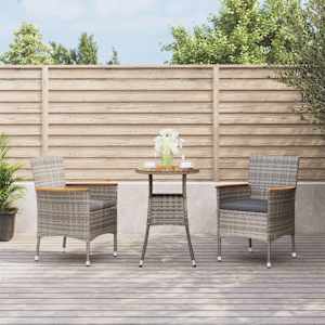 3dílný zahradní bistro set s poduškami šedý polyratan - obrázek 1
