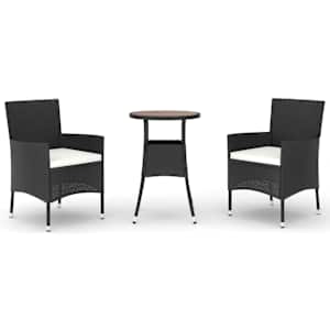 3dílný zahradní bistro set s poduškami černý polyratan - obrázek 2