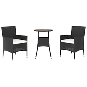 3dílný zahradní bistro set s poduškami černý polyratan - obrázek 3