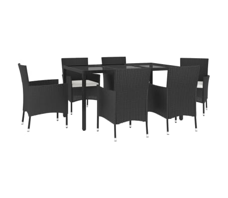 vidaXL 7 Piece Garden Dining Set with Cushions Black Poly Rattan