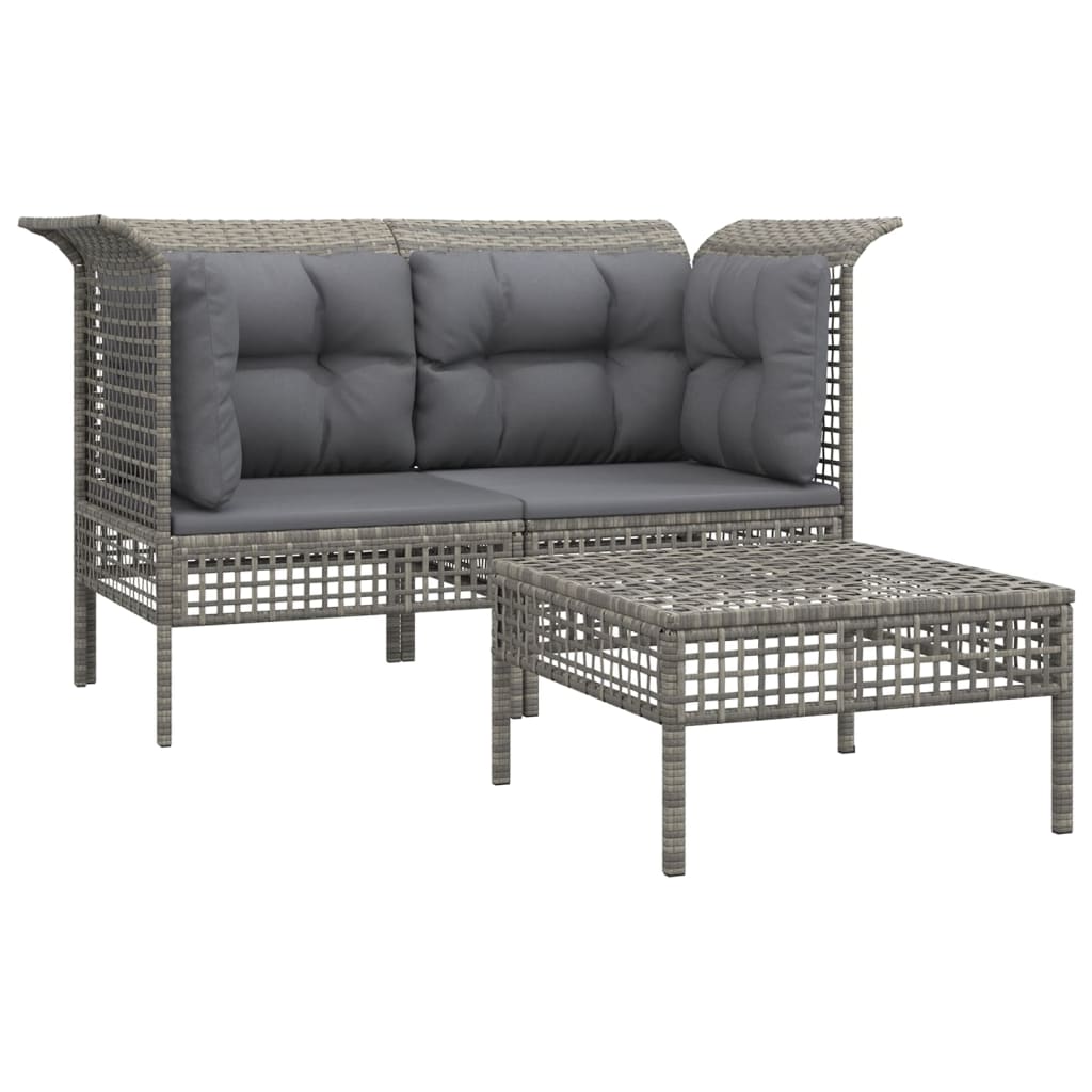 vidaXL 3-delige Loungeset met kussens poly rattan grijs afbeelding