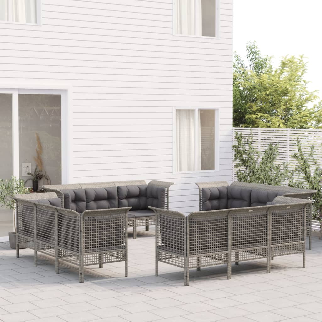 vidaXL 12-tlg. Garten-Lounge-Set mit Kissen Grau Poly Rattan