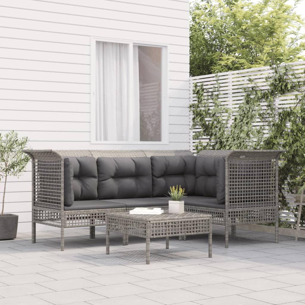 5-tlg. Garten-Lounge-Set mit Kissen Grau Poly Rattan