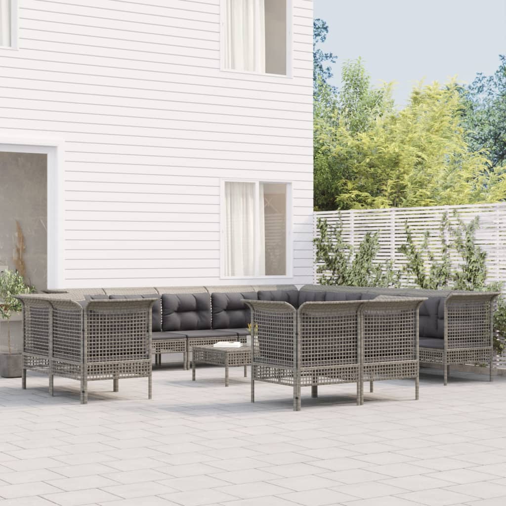 vidaXL 13-tlg. Garten-Lounge-Set mit Kissen Grau Poly Rattan